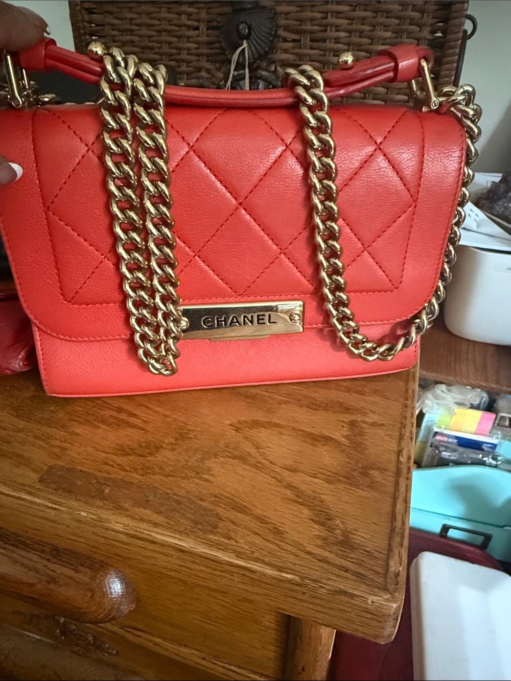 CHANEL Quilted Coral Shoulder Bag with Gold Chain Detail